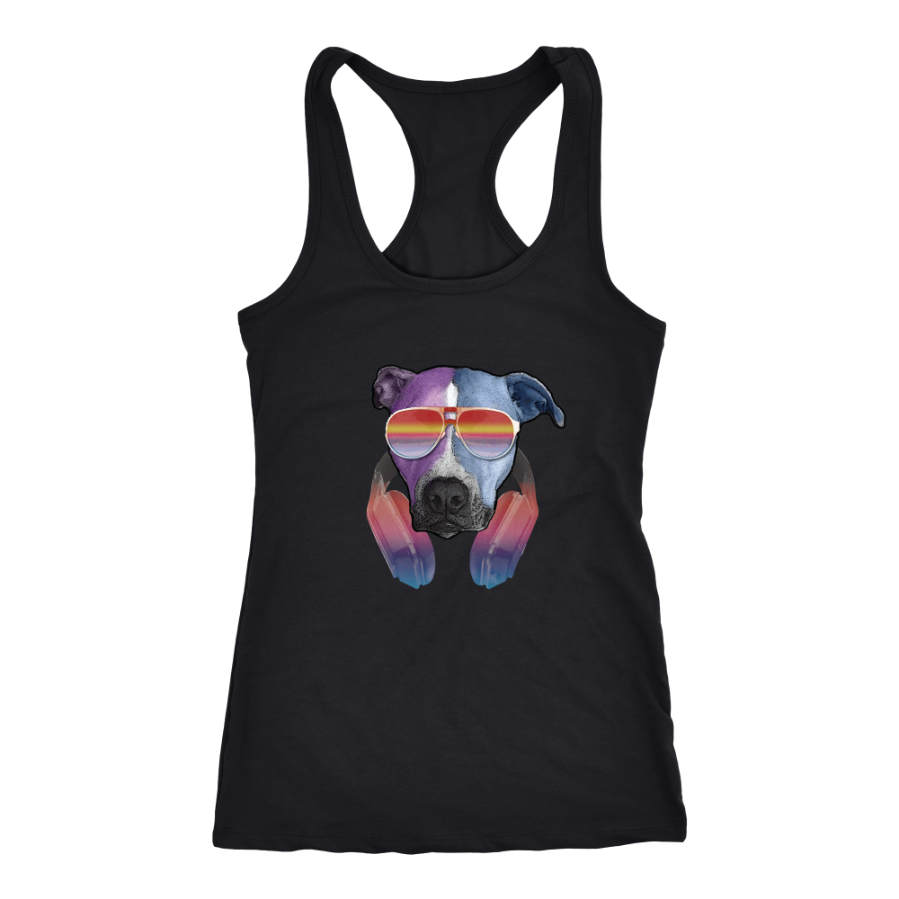 Pitbull Dog With Sunglasses Headphones Womens Racerback Tank