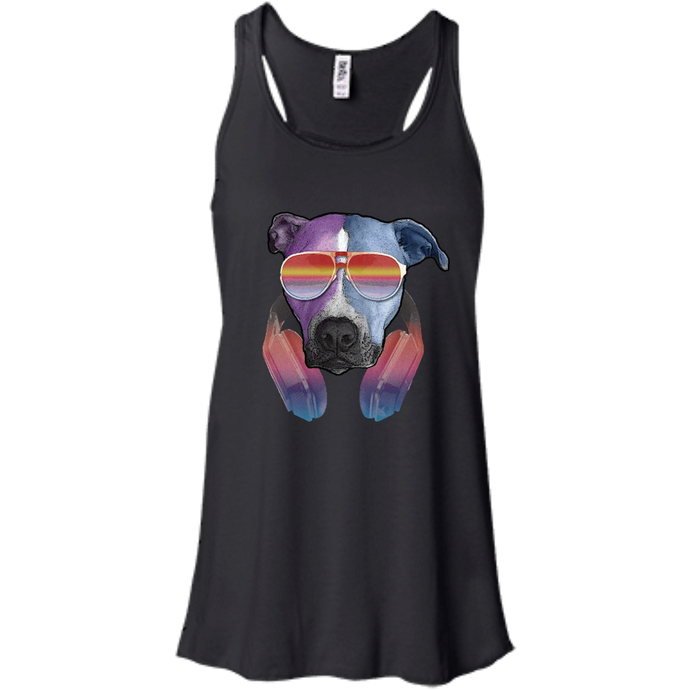 Retro Pitbull Dog With Sunglasses Headphones Women's Flowy Racerback Tank