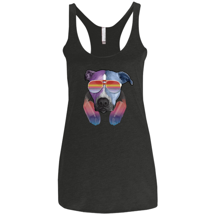 Retro Pitbull Dog With Sunglasses Headphones Women's Ladies' Triblend Racerback Tank