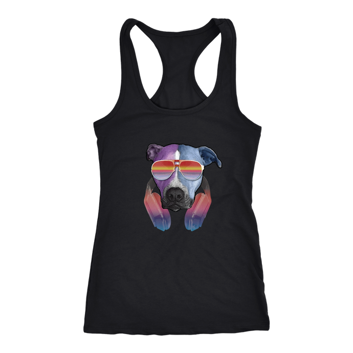 Pitbull Dog With Sunglasses Headphones Womens Racerback Tank